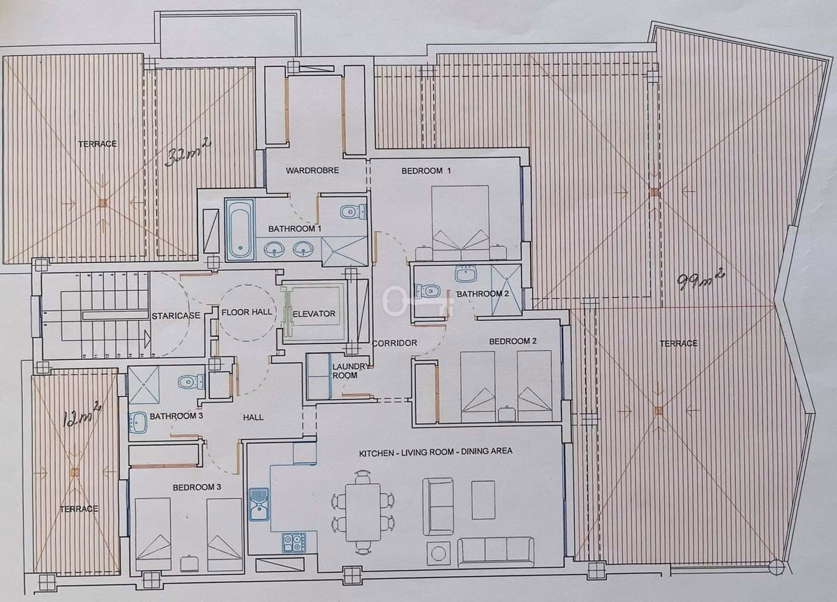 1. nowoczesny plan mieszkania z tarasami i przestronnymi pokojami.