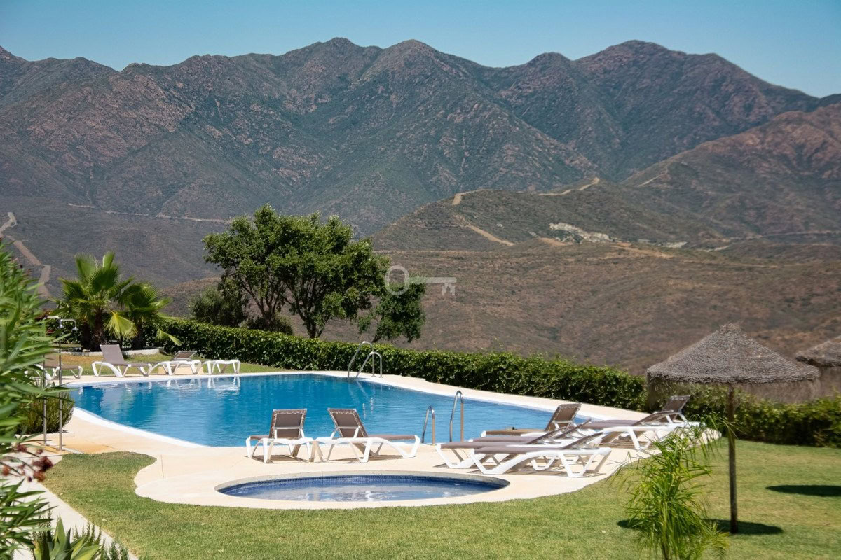 Relaksujący basen w górach z leżakami i panoramicznym widokiem na szczyty.